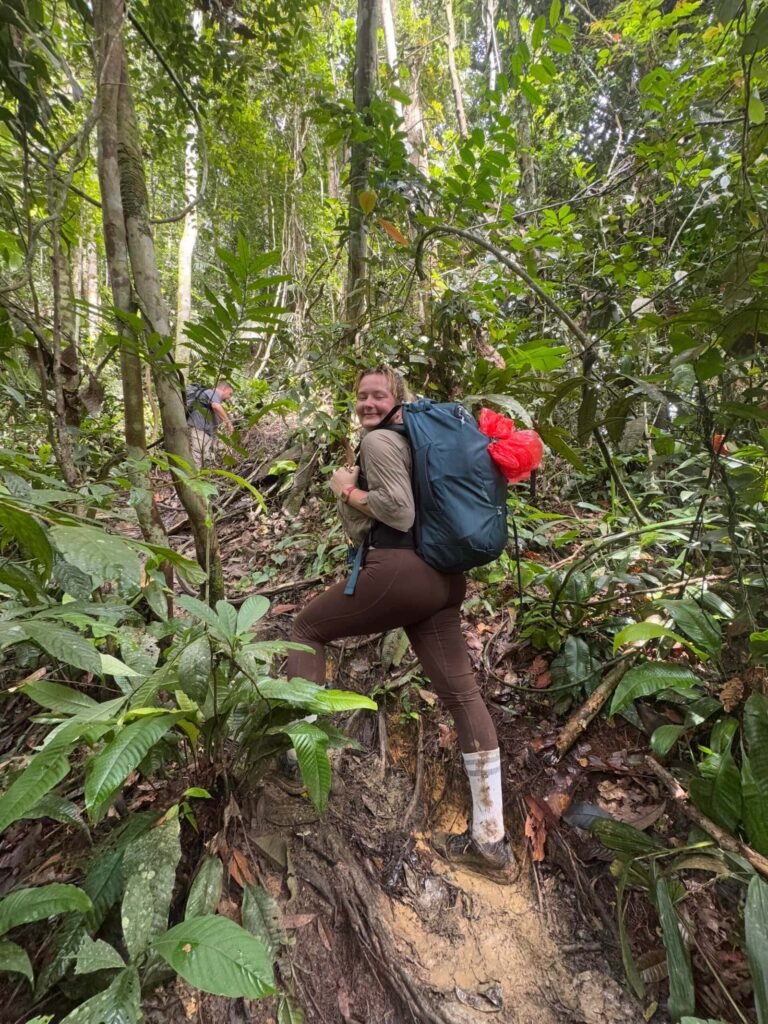 jungle woman trekking in sumatra with backpack looking for orangutan
