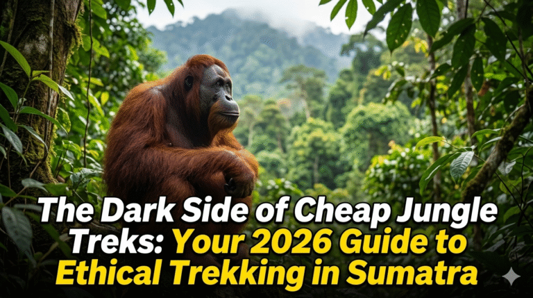 Sumatran orangutan pensive amidst dense jungle canopy and misty mountains, promoting ethical trekking over cheap tours in Gunung Leuser National Park Sumatra, 2026.